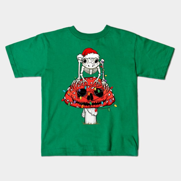 Holiday Cottagecore Skeleton Frog Skull Mushroom Goblincore Christmas Kids T-Shirt by August Design